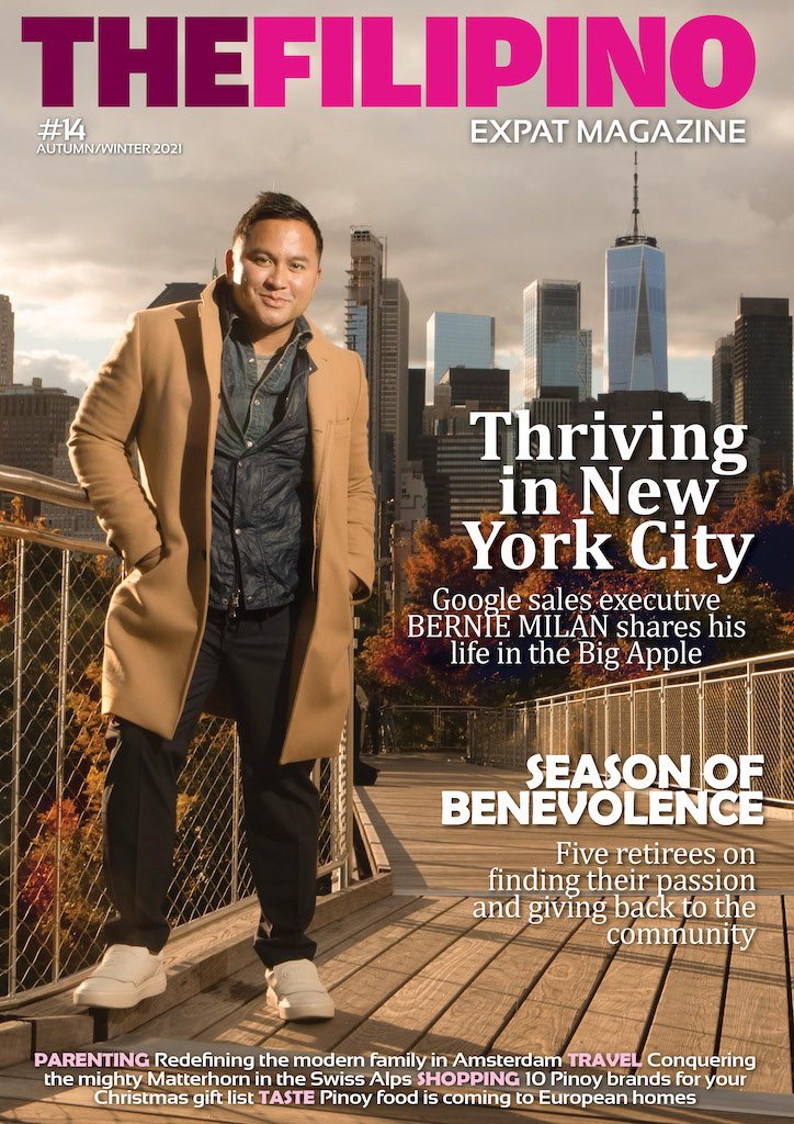 Cover of The Filipino Expat Magazine's Autumn/Winter 2021 Issue with Bernie Milan and New York City's skyscrapers in the background.